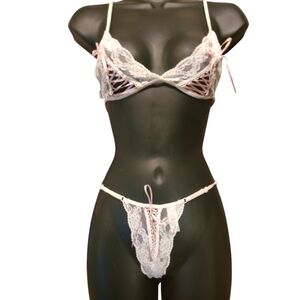 White lace & pink corset style lace up details lingerie set adjustable one size